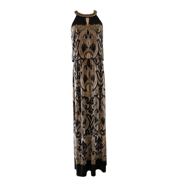 London Times Womens 6 Black Beige Halter Maxi Dress Gold Chain Detail Cream Tan - Picture 1 of 11